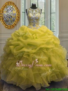 Romantic Sleeveless Organza Floor Length Lace Up 15th Birthday Dress inYellow forSpring and Summer and Fall and Winter withBeading and Ruffles and Pick Ups