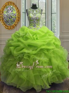 Glamorous Spring Green Ball Gowns Organza Scoop Sleeveless Beading and Ruffles and Pick Ups Floor Length Lace Up Sweet 16 Dresses