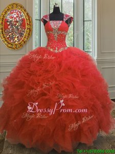 Customized Coral Red Ball Gowns Beading and Ruffles and Sequins Ball Gown Prom Dress Lace Up Organza Cap Sleeves Floor Length