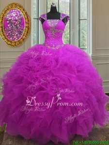Classical Fuchsia Straps Neckline Beading and Ruffles and Sequins 15 Quinceanera Dress Sleeveless Lace Up