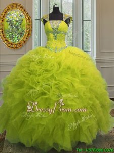 Custom Design Yellow Green Straps Neckline Beading and Ruffles and Sequins 15 Quinceanera Dress Cap Sleeves Lace Up