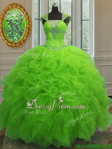 Fitting Spring Green Lace Up Straps Beading and Ruffles and Sequins Quince Ball Gowns Organza Cap Sleeves