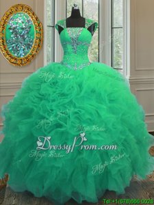 Nice Ball Gowns Quinceanera Gown Turquoise Straps Organza Cap Sleeves Floor Length Lace Up