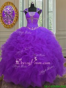 Trendy Purple Cap Sleeves Floor Length Beading and Ruffles and Sequins Lace Up Quinceanera Dress