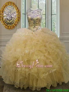 Colorful Light Yellow Sweet 16 Dresses Military Ball and Sweet 16 and Quinceanera and For withBeading and Ruffles Scoop Sleeveless Lace Up