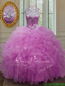 Sweet Floor Length Lilac Quince Ball Gowns Organza Sleeveless Spring and Summer and Fall and Winter Beading and Ruffles