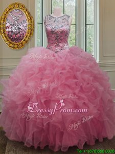 Trendy Rose Pink Sleeveless Floor Length Beading and Ruffles Lace Up Quinceanera Dresses