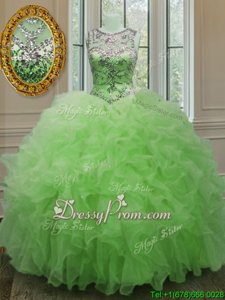 High Quality Floor Length Lace Up Quinceanera Gown Spring Green and In forMilitary Ball and Sweet 16 and Quinceanera withBeading and Ruffles