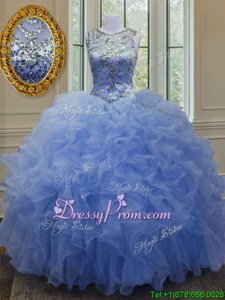 Eye-catching Blue Ball Gowns Beading and Ruffles Ball Gown Prom Dress Lace Up Organza Sleeveless Floor Length