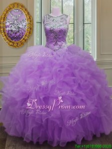 Sweet Lilac Ball Gowns Scoop Sleeveless Organza Floor Length Lace Up Beading and Ruffles Quinceanera Dress