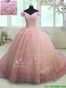 Clearance Pink Ball Gowns Off The Shoulder Short Sleeves Organza With Train Court Train Lace Up Hand Made Flower Quinceanera Dresses
