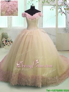 Graceful Light Yellow Organza Lace Up Vestidos de Quinceanera Short Sleeves With Train Court Train Hand Made Flower