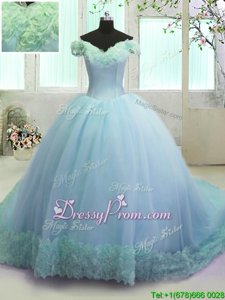 High Class Light Blue Sleeveless With Train Hand Made Flower Lace Up Ball Gown Prom Dress