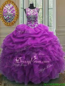 Sumptuous Purple Lace Up Scoop Beading and Ruffles and Pick Ups Ball Gown Prom Dress Organza Sleeveless