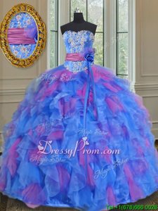 Noble Floor Length Lace Up Sweet 16 Dress Multi-color and In forMilitary Ball and Sweet 16 and Quinceanera withBeading and Appliques and Ruffles and Sashes|ribbons and Hand Made Flower