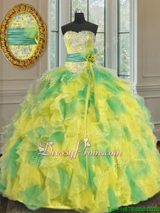 Modest Sleeveless Organza Floor Length Lace Up Sweet 16 Quinceanera Dress inMulti-color forSpring and Summer and Fall and Winter withBeading and Appliques and Ruffles and Sashes|ribbons and Hand Made Flower