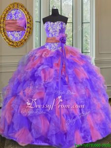 Eye-catching Sweetheart Sleeveless Organza Quinceanera Gowns Beading and Appliques and Ruffles and Sashes|ribbons and Hand Made Flower Lace Up