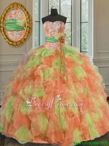 High End Multi-color Ball Gowns Organza Sweetheart Sleeveless Beading and Ruffles and Sashes|ribbons Floor Length Lace Up Sweet 16 Quinceanera Dress