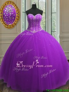Purple Ball Gowns Sweetheart Sleeveless Tulle Floor Length Lace Up Beading and Sequins Sweet 16 Quinceanera Dress