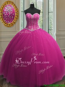 Hot Selling Ball Gowns Sweet 16 Quinceanera Dress Fuchsia Sweetheart Tulle Sleeveless Floor Length Lace Up