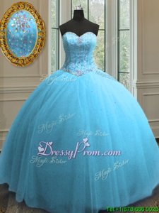 Attractive Sleeveless Floor Length Beading and Sequins Lace Up Vestidos de Quinceanera with Baby Blue