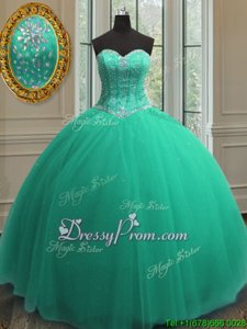 Popular Sweetheart Sleeveless Quinceanera Dress Floor Length Beading and Sequins Turquoise Tulle
