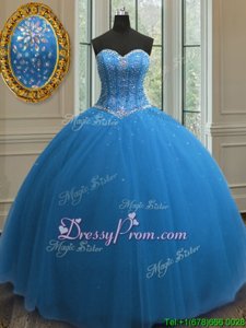 Fantastic Blue Sleeveless Beading and Sequins Floor Length Quinceanera Gowns