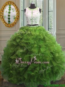 Designer Green Ball Gowns Organza Scoop Sleeveless Appliques and Ruffles Floor Length Clasp Handle Vestidos de Quinceanera