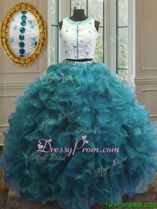 Admirable Beading and Ruffles Quinceanera Dress Teal Clasp Handle Sleeveless Floor Length