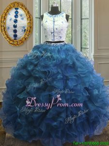 Fancy Beading and Lace and Ruffles Ball Gown Prom Dress Blue Clasp Handle Sleeveless Floor Length