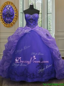 Beauteous Lavender Lace Up Sweetheart Beading and Appliques and Pick Ups Quinceanera Dress Organza Sleeveless Court Train