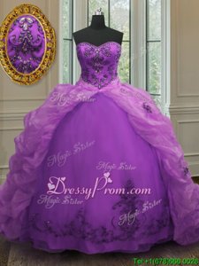 Fabulous Sleeveless With Train Beading and Appliques and Pick Ups Lace Up Sweet 16 Dresses with Purple Court Train