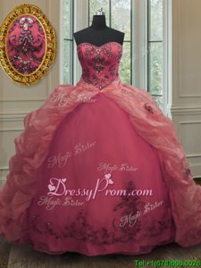 Sweetheart Sleeveless Quinceanera Gown With Train Court Train Beading and Appliques and Pick Ups Watermelon Red Organza