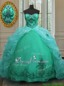 Turquoise Lace Up Sweetheart Beading and Appliques and Pick Ups 15 Quinceanera Dress Organza Sleeveless Court Train