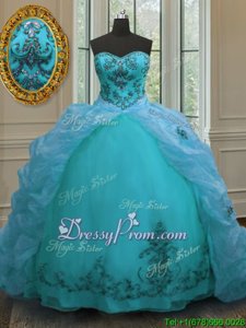 Aqua Blue Quinceanera Gowns Military Ball and Sweet 16 and Quinceanera and For withBeading and Appliques and Pick Ups Sweetheart Sleeveless Court Train Lace Up