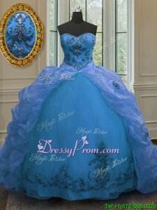 Fantastic Blue Quince Ball Gowns Military Ball and Sweet 16 and Quinceanera and For withBeading and Embroidery and Pick Ups Sweetheart Sleeveless Court Train Lace Up