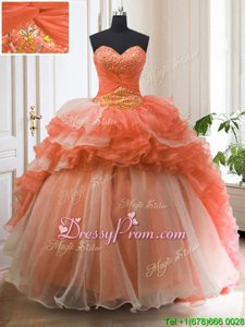 Unique Orange Organza Lace Up Sweetheart Sleeveless With Train Sweet 16 Quinceanera Dress Sweep Train Beading and Ruffled Layers