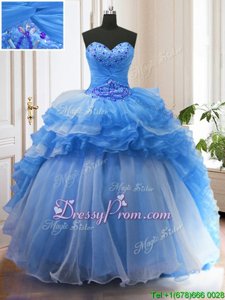 Clearance Blue Lace Up Quinceanera Dress Beading and Ruffled Layers Sleeveless With Train Sweep Train
