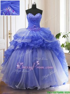 With Train Lace Up Sweet 16 Dress Blue and In forMilitary Ball and Sweet 16 and Quinceanera withBeading and Ruffled Layers Court Train