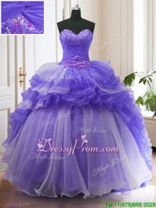 Suitable Sleeveless Sweep Train Lace Up With Train Beading and Ruffled Layers Quinceanera Gowns