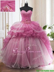 Designer Lilac Ball Gowns Beading and Ruffled Layers Sweet 16 Quinceanera Dress Lace Up Organza Sleeveless With Train