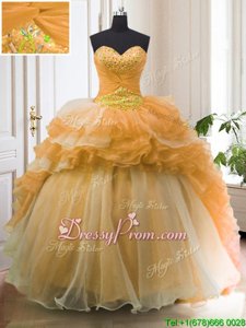 Romantic Orange Sleeveless Organza Sweep Train Lace Up Quinceanera Gowns forMilitary Ball and Sweet 16 and Quinceanera