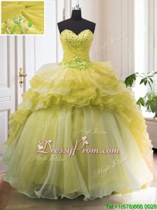Sophisticated Sweetheart Sleeveless Organza Quinceanera Gowns Beading and Ruffled Layers Court Train Lace Up