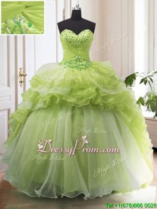 Elegant Yellow Green Organza Lace Up 15th Birthday Dress Sleeveless With Train Sweep Train Beading and Ruffled Layers