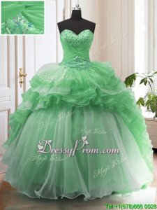 Classical Green Sweet 16 Dresses Military Ball and Sweet 16 and Quinceanera and For withBeading and Ruffled Layers Sweetheart Sleeveless Sweep Train Lace Up
