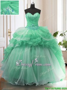 Ideal With Train Lace Up Ball Gown Prom Dress Apple Green and In forMilitary Ball and Sweet 16 and Quinceanera withBeading Sweep Train