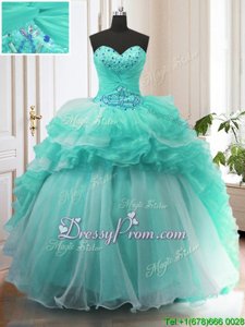 Glorious Sleeveless Organza With Train Sweep Train Lace Up Quince Ball Gowns inTurquoise forSpring and Summer and Fall and Winter withBeading and Ruffles