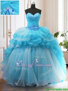Captivating Sleeveless Organza Sweep Train Lace Up Vestidos de Quinceanera inBaby Blue forSpring and Summer and Fall and Winter withBeading and Ruffled Layers