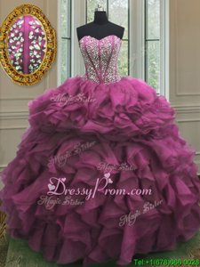 Spectacular Fuchsia Sweetheart Neckline Beading and Ruffles Ball Gown Prom Dress Sleeveless Lace Up