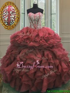 Stunning Watermelon Red Sweetheart Lace Up Beading and Ruffles Sweet 16 Dresses Sleeveless
